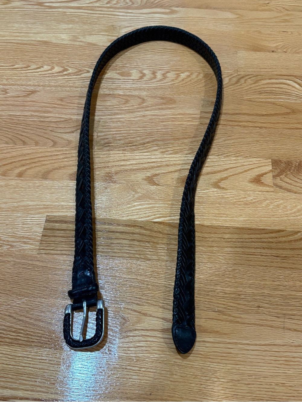 Woven Black Genuine Leather Women’s Belt with Silver Buckle